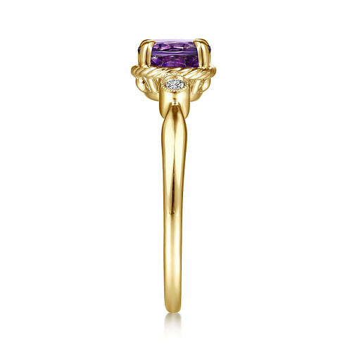 14K Yellow Gold Oval Amethyst and Diamond Three Stone Ring