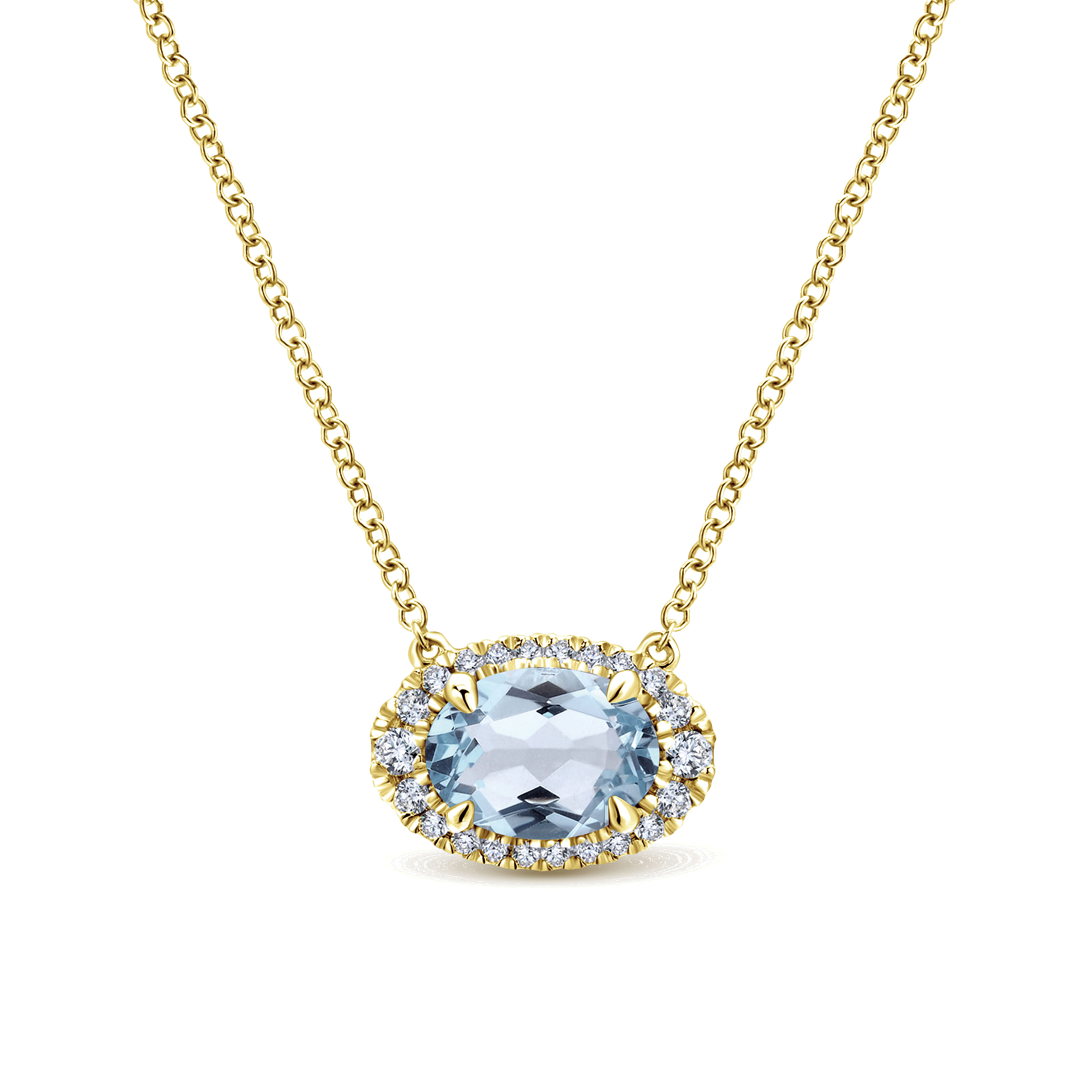 14K Yellow Gold Oval Aquamarine and Diamond Halo Pendant Necklace