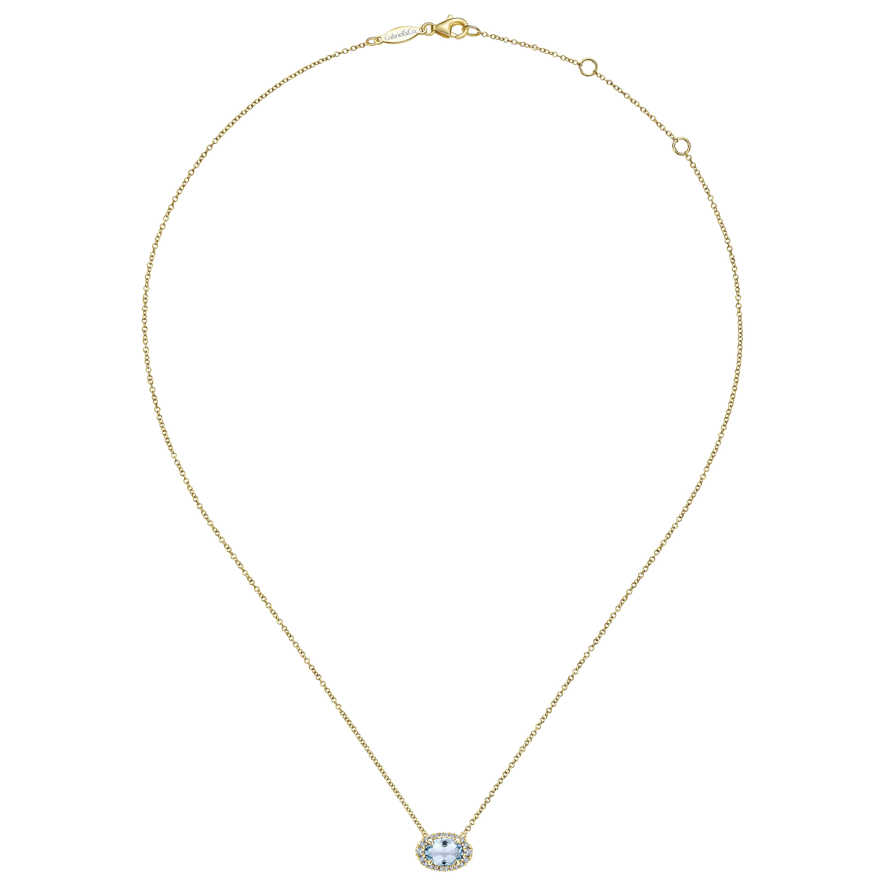 14K Yellow Gold Oval Aquamarine and Diamond Halo Pendant Necklace