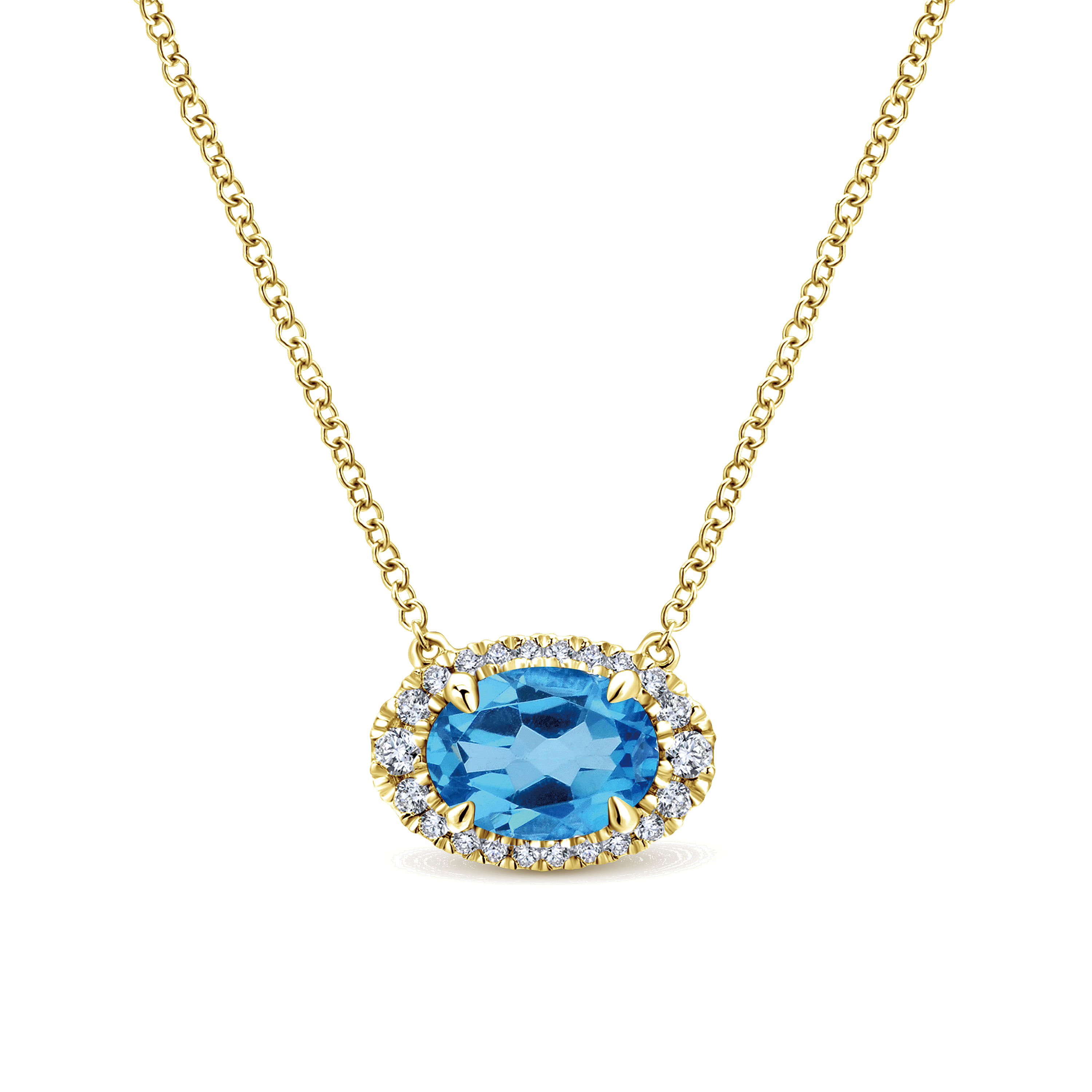 14K Yellow Gold Oval Blue Topaz and Diamond Halo Pendant Necklace