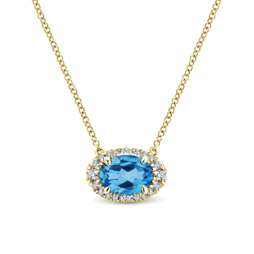 14K Yellow Gold Oval Blue Topaz and Diamond Halo Pendant Necklace