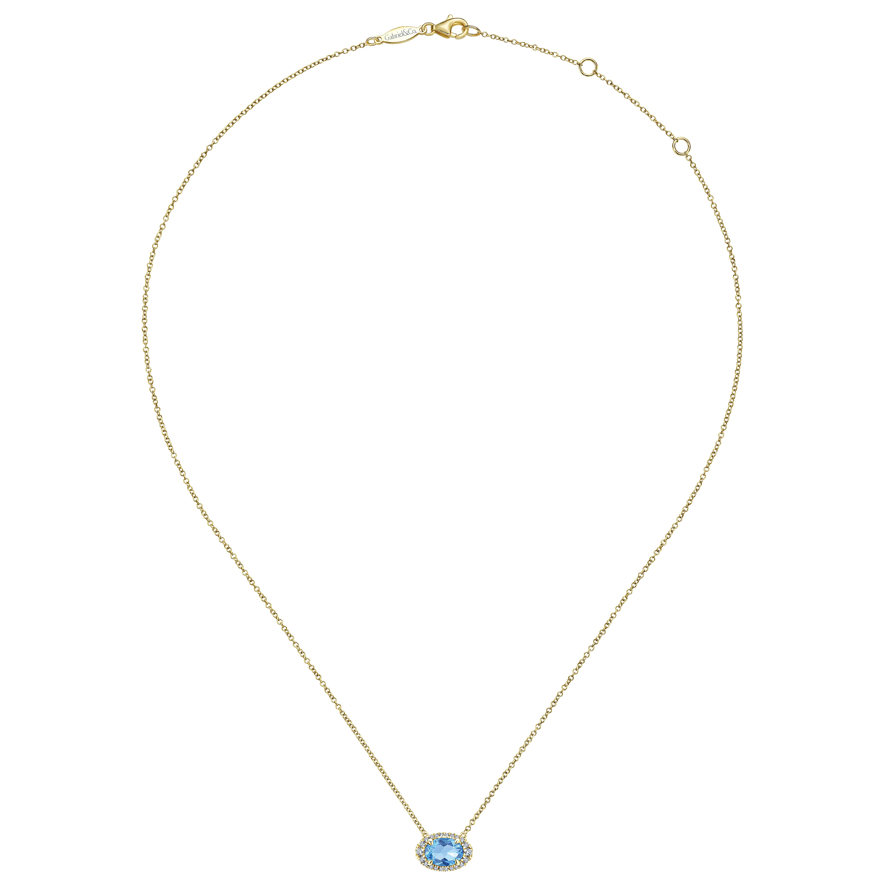 14K Yellow Gold Oval Blue Topaz and Diamond Halo Pendant Necklace