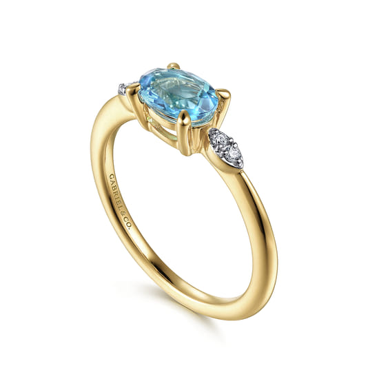 14K Yellow Gold Oval Blue Topaz and Diamond Promise Ring angle 3