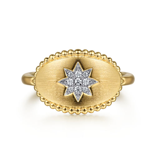 14K Yellow Gold Oval Bujukan Signet Ring with Diamond Starburst