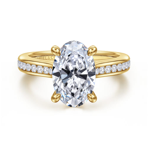 14K Yellow Gold Oval Channel Set Cathedral Diamond Engagement Ring
