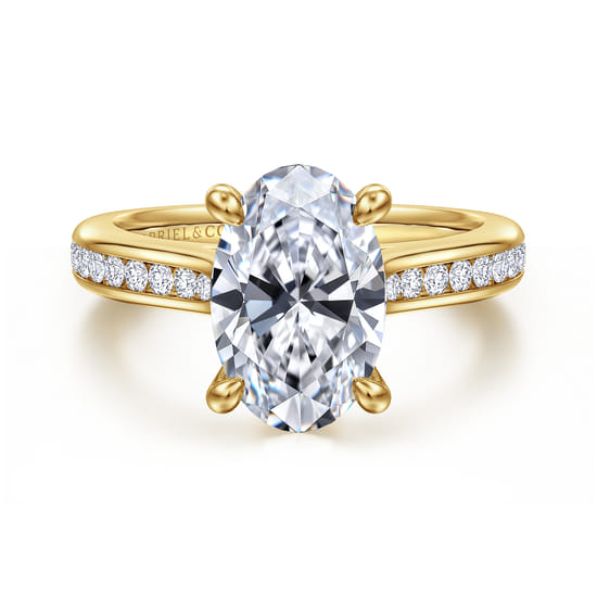 14K Yellow Gold Oval Channel Set Cathedral Diamond Engagement Ring