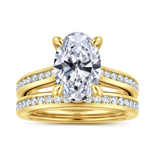 14K Yellow Gold Oval Channel Set Cathedral Diamond Engagement Ring