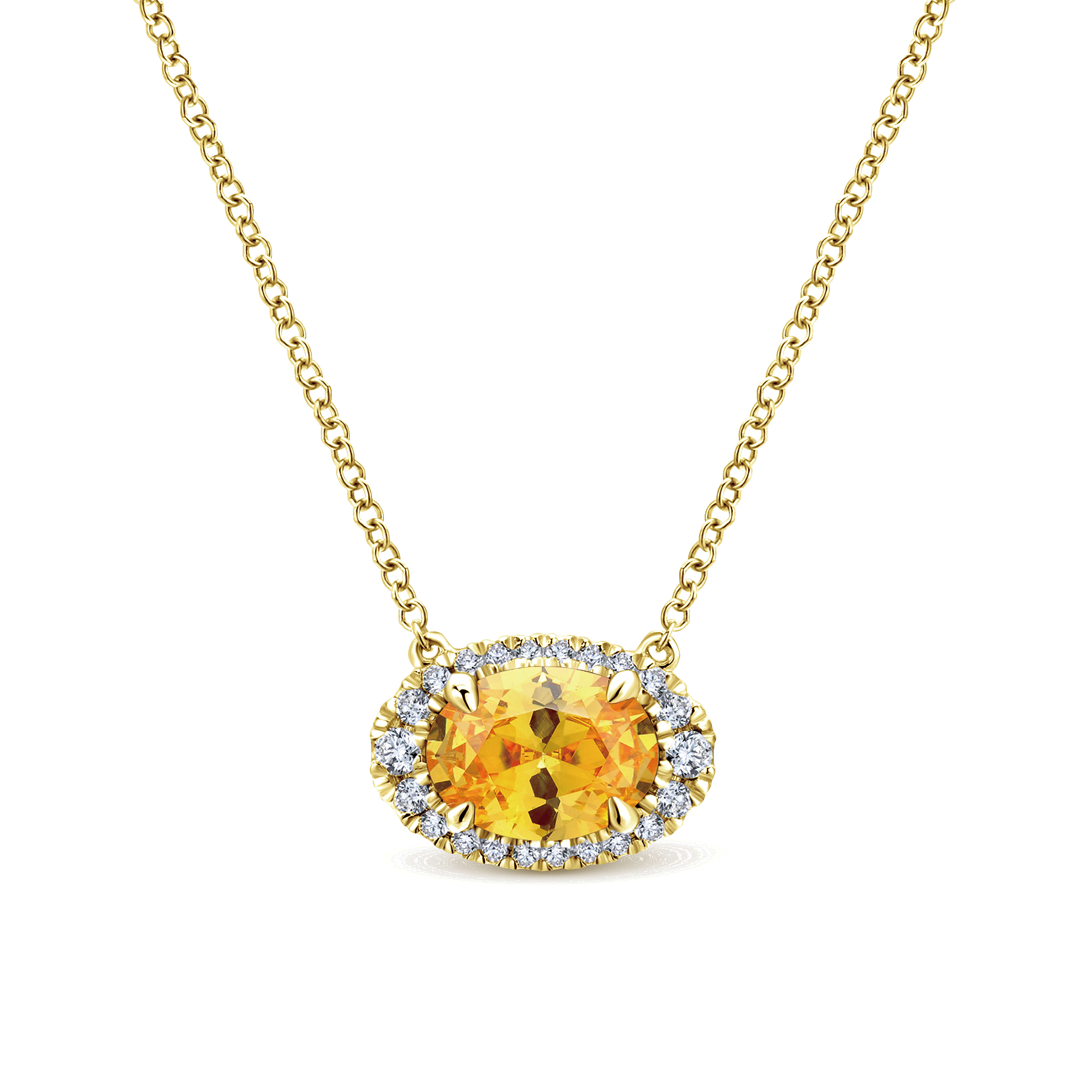 14K Yellow Gold Oval Citrine and Diamond Halo Pendant Necklace