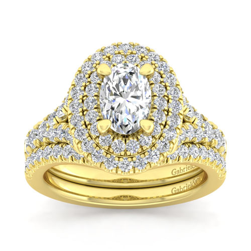 14K Yellow Gold Oval Double Halo Diamond Engagement Ring