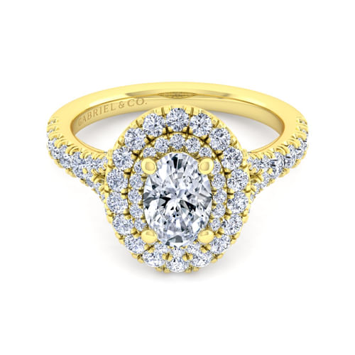 14K Yellow Gold Oval Double Halo Diamond Engagement Ring