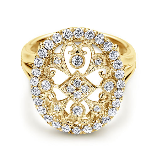 14K Yellow Gold Oval Filligree Diamond Ring