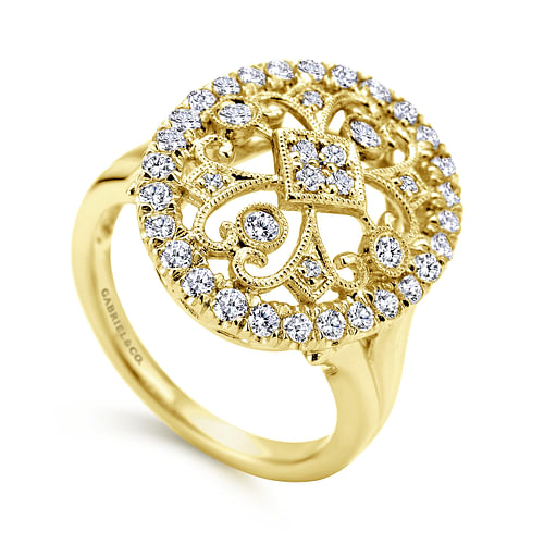 14K Yellow Gold Oval Filligree Diamond Ring