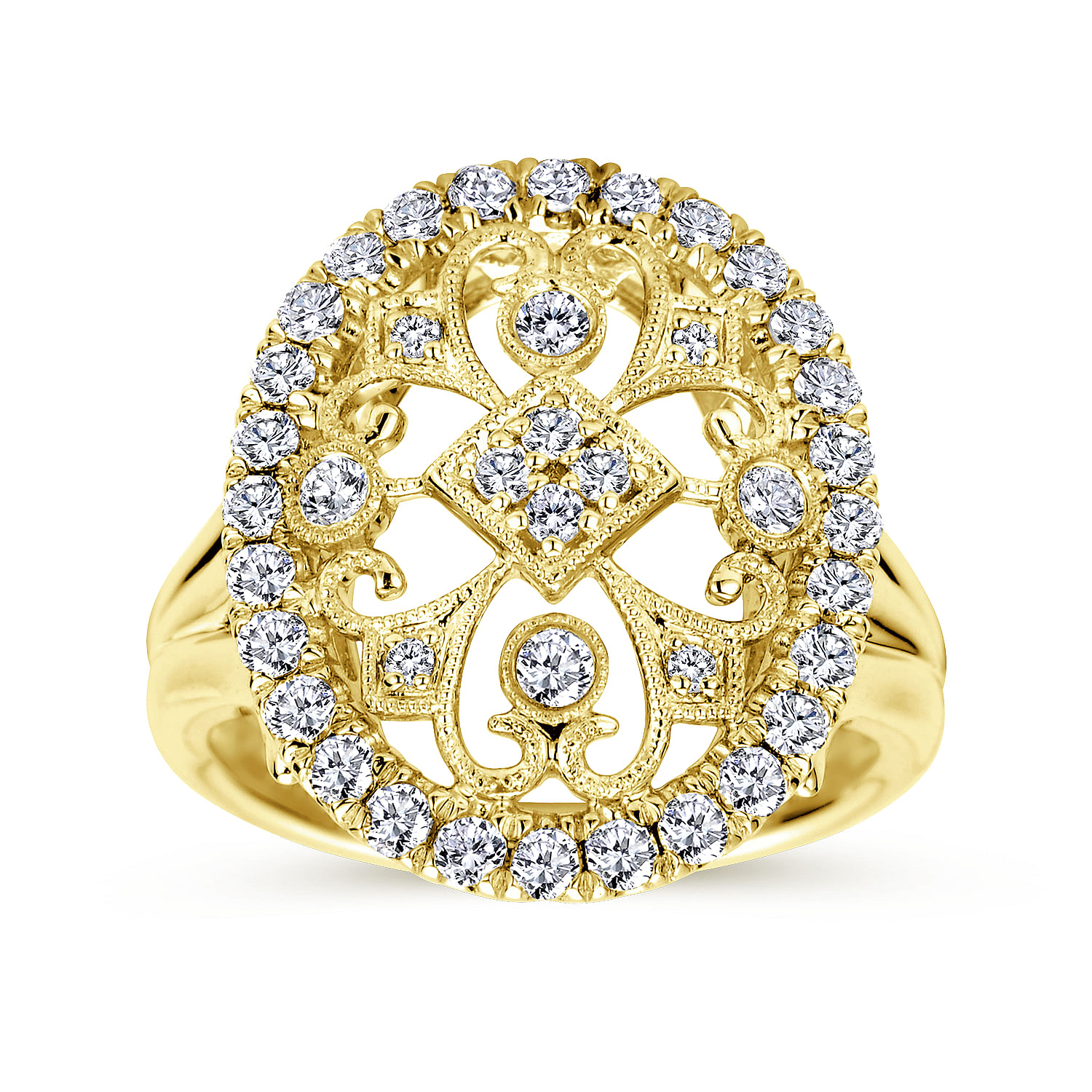 14K Yellow Gold Oval Filligree Diamond Ring