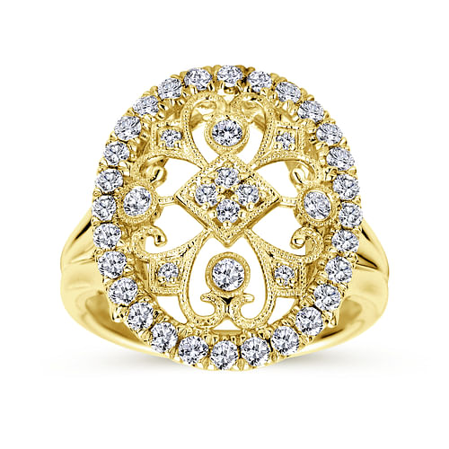 14K Yellow Gold Oval Filligree Diamond Ring