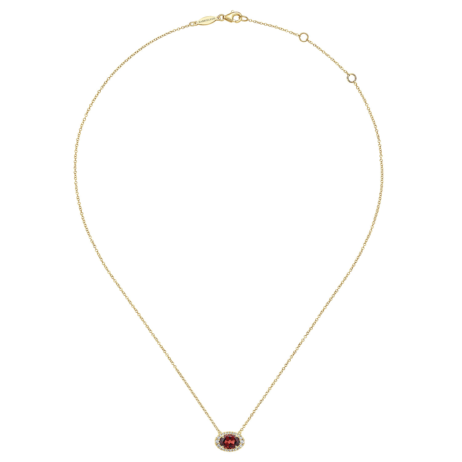 14K Yellow Gold Oval Garnet and Diamond Halo Pendant Necklace