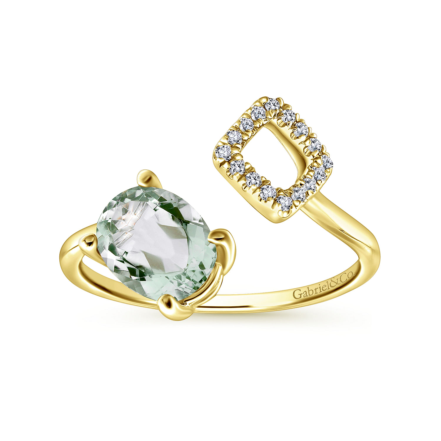 14K Yellow Gold Oval Green Amethyst and Diamond Open Wrap Ring