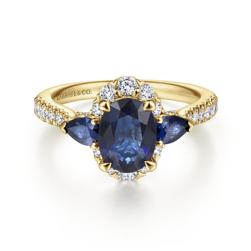 14K Yellow Gold Oval Halo Sapphire and Diamond Engagement Ring