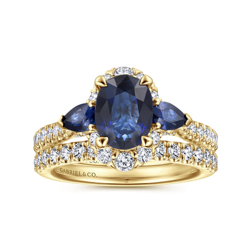 14K Yellow Gold Oval Halo Sapphire and Diamond Engagement Ring