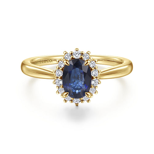 14K Yellow Gold Oval Halo Sapphire and Diamond Engagement Ring