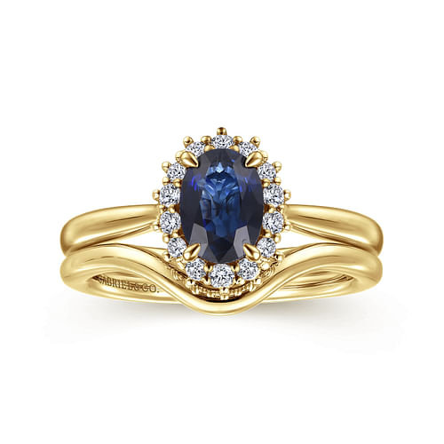 14K Yellow Gold Oval Halo Sapphire and Diamond Engagement Ring