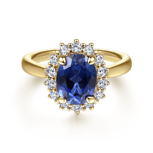 14K Yellow Gold Oval Halo Sapphire and Diamond Engagement Ring