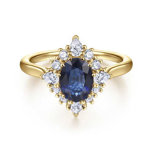 14K Yellow Gold Oval Halo Sapphire and Diamond Engagement Ring