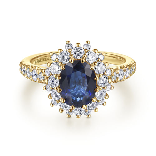14K Yellow Gold Oval Halo Sapphire and Diamond Engagement Ring