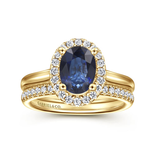 14K Yellow Gold Oval Halo Sapphire and Diamond Engagement Ring