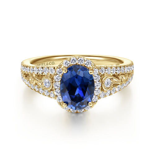 14K Yellow Gold Oval Halo Sapphire and Diamond Engagement Ring