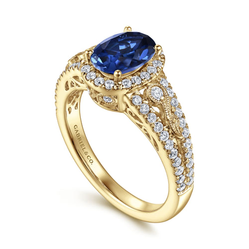 14K Yellow Gold Oval Halo Sapphire and Diamond Engagement Ring