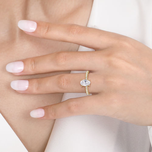 14K Yellow Gold Oval Hidden Halo Diamond and Engagement Ring