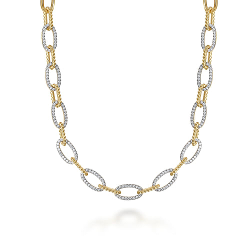 14K Yellow Gold Oval Link Chain Necklace with Pave Diamond Link Stations