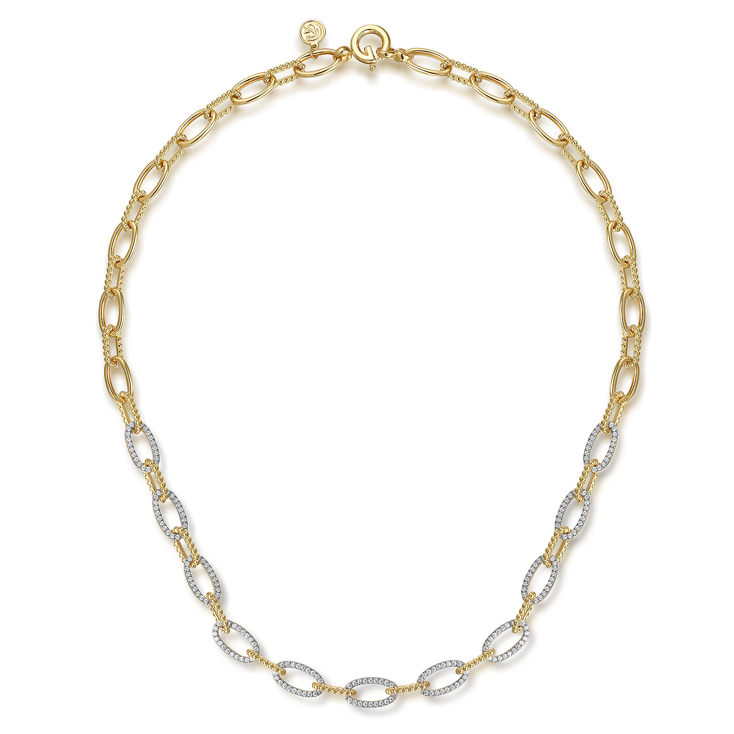 14K Yellow Gold Oval Link Chain Necklace with Pave Diamond Link Stations