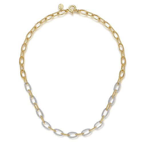 14K Yellow Gold Oval Link Chain Necklace with Pave Diamond Link Stations