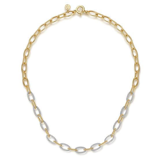 14K Yellow Gold Oval Link Chain Necklace with Pave Diamond Link Stations angle 2