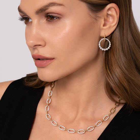 14K Yellow Gold Oval Link Chain Necklace with Pave Diamond Link Stations angle 4