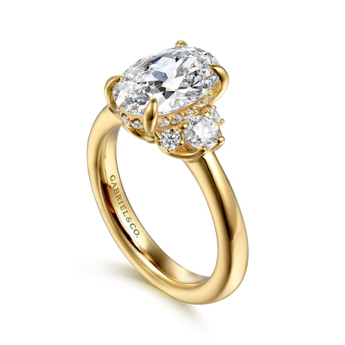 14K Yellow Gold Oval Lotus Diamond Engagement Ring