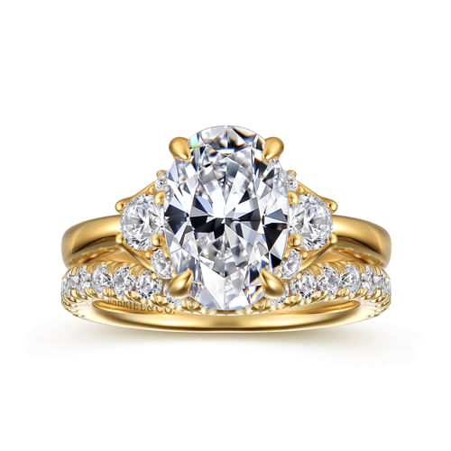 14K Yellow Gold Oval Lotus Diamond Engagement Ring