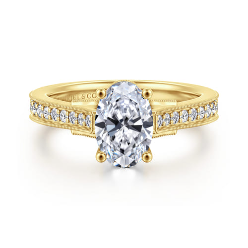 14K Yellow Gold Oval Lotus Diamond Engagement Ring
