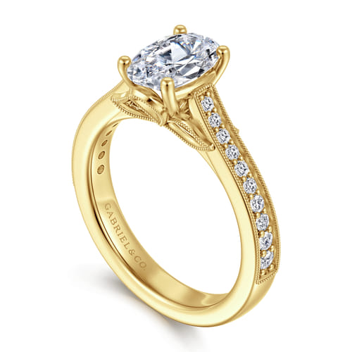 14K Yellow Gold Oval Lotus Diamond Engagement Ring