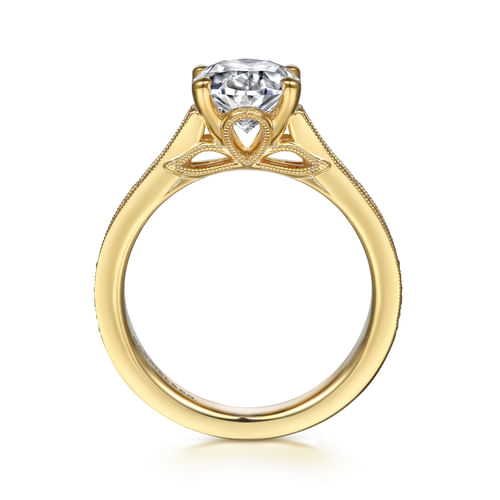 14K Yellow Gold Oval Lotus Diamond Engagement Ring