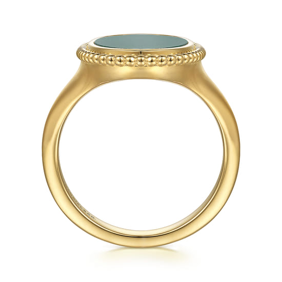 14K Yellow Gold Oval Malachite Inlay Signet Ring angle 2