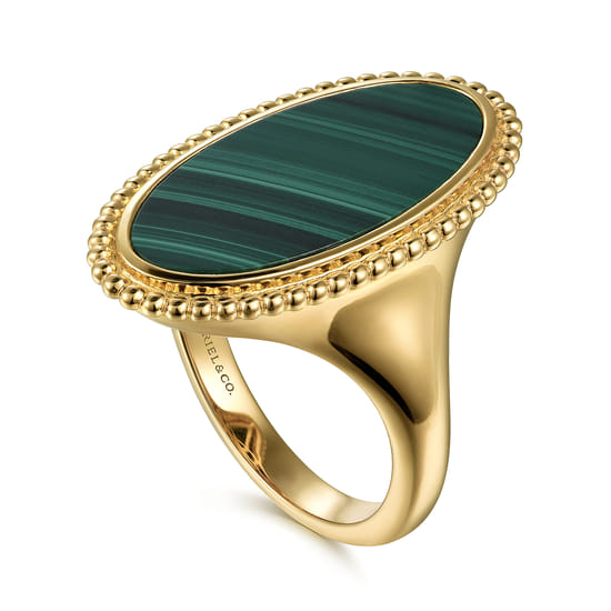 14K Yellow Gold Oval Malachite Inlay Signet Ring angle 3