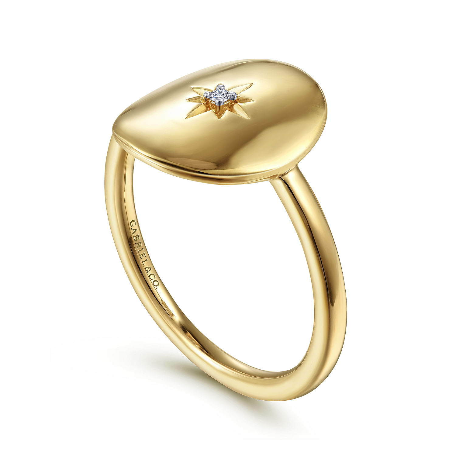 14K Yellow Gold Oval Medallion Ring with Diamond Star Center