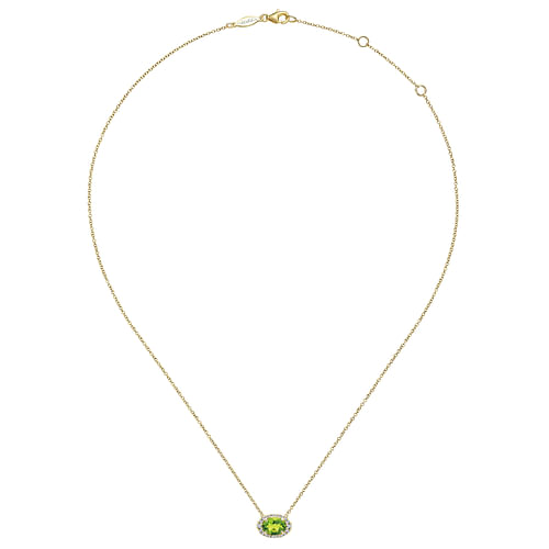 14K Yellow Gold Oval Peridot and Diamond Halo Pendant Necklace