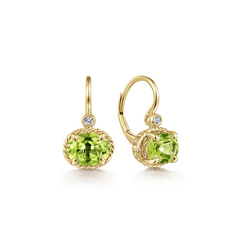 14K Yellow Gold Oval Peridot and Diamond Leverback Earrings