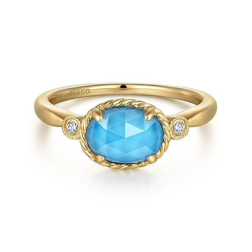 14K Yellow Gold Oval Rock Crystal/Turquoise Diamond Ring
