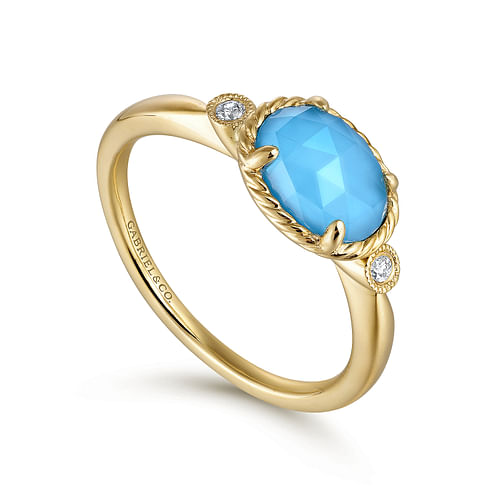 14K Yellow Gold Oval Rock Crystal/Turquoise Diamond Ring