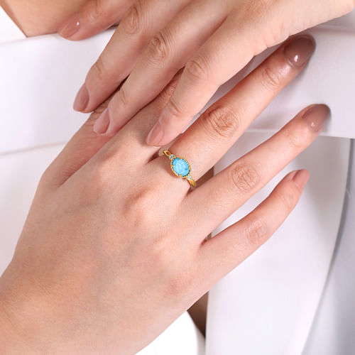 14K Yellow Gold Oval Rock Crystal/Turquoise Diamond Ring