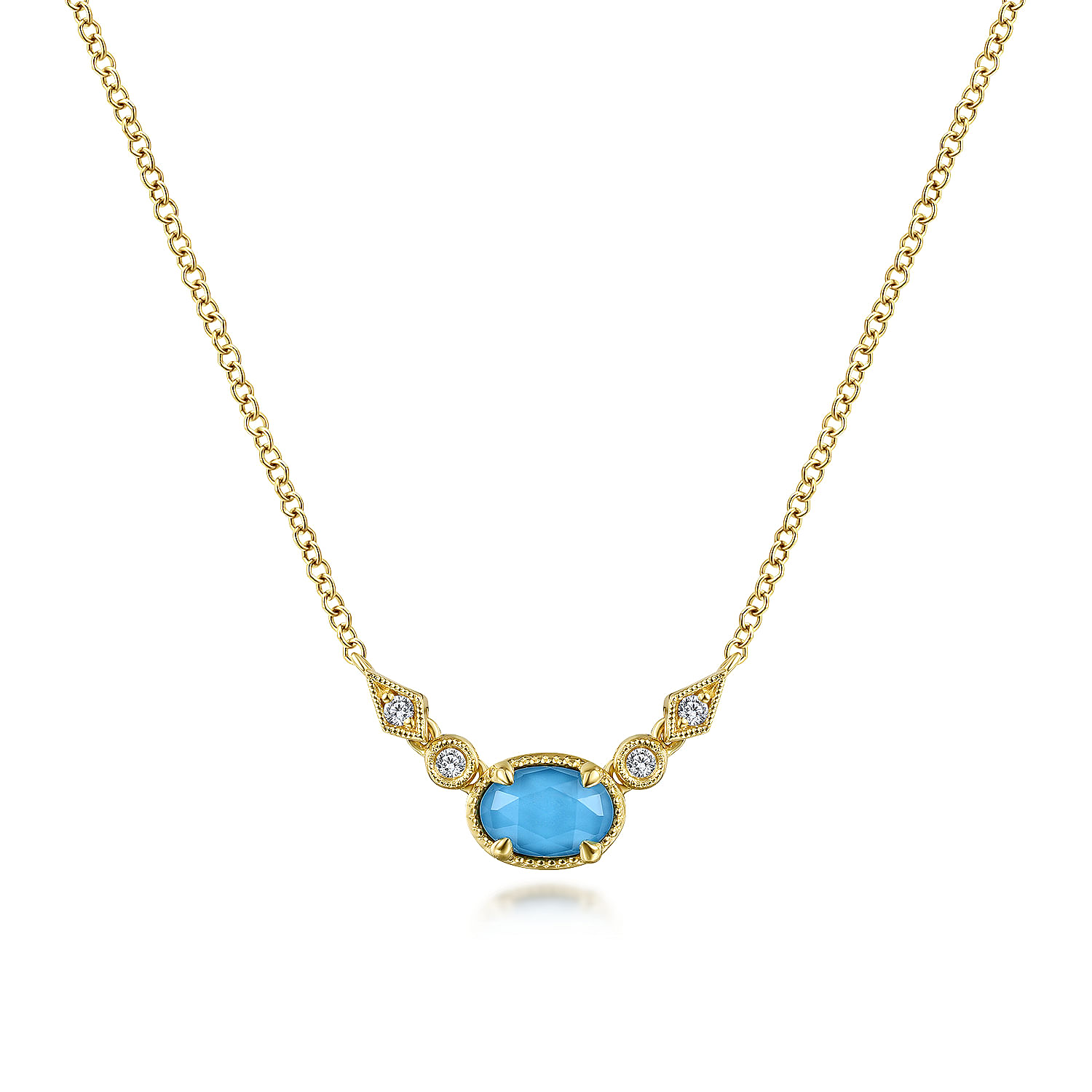 14K Yellow Gold Oval Rock Crystal/Turquoise Necklace with Diamond Accents